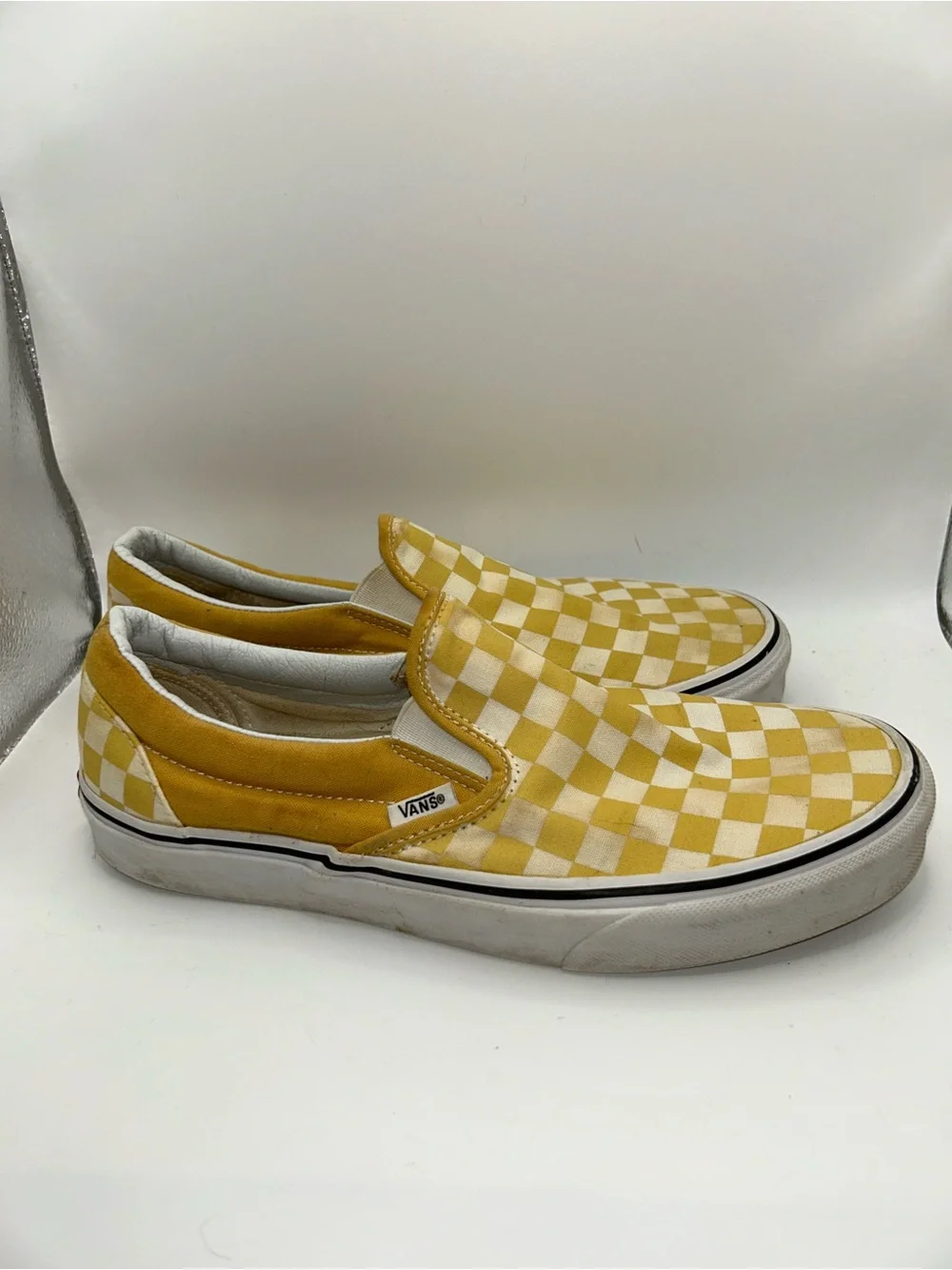 Vans yellow and white checkerboard slide ons M 9/W 10.5